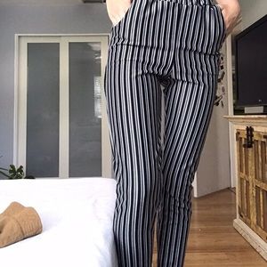 Black white striped leggings
